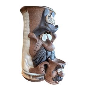 MAHON MADE STONEWARE BEER STEIN  XL MUG STEIN COWBOY DOUBLE FACE 8.5" TALL Seal